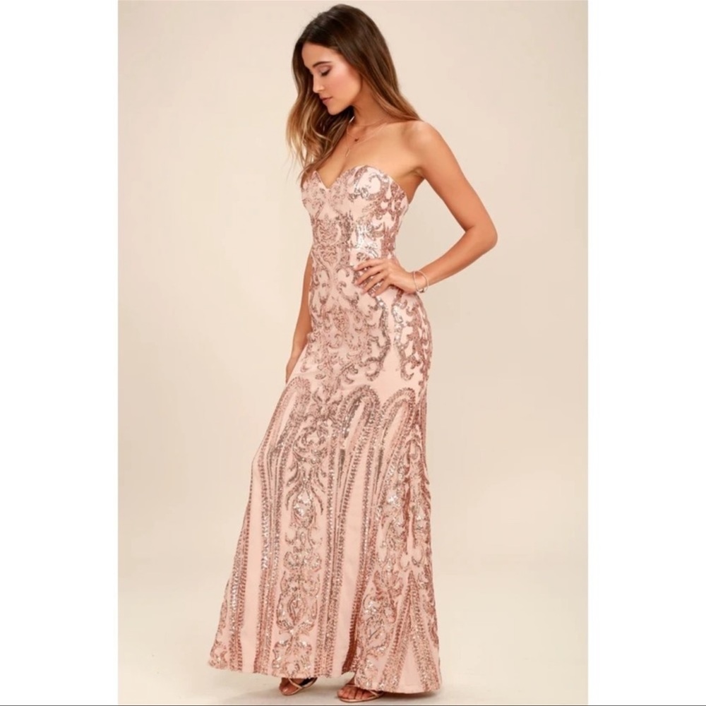 Bariano Rebecca Rose Gold Strapless Sequin Maxi Dress - Picture 2 of 10